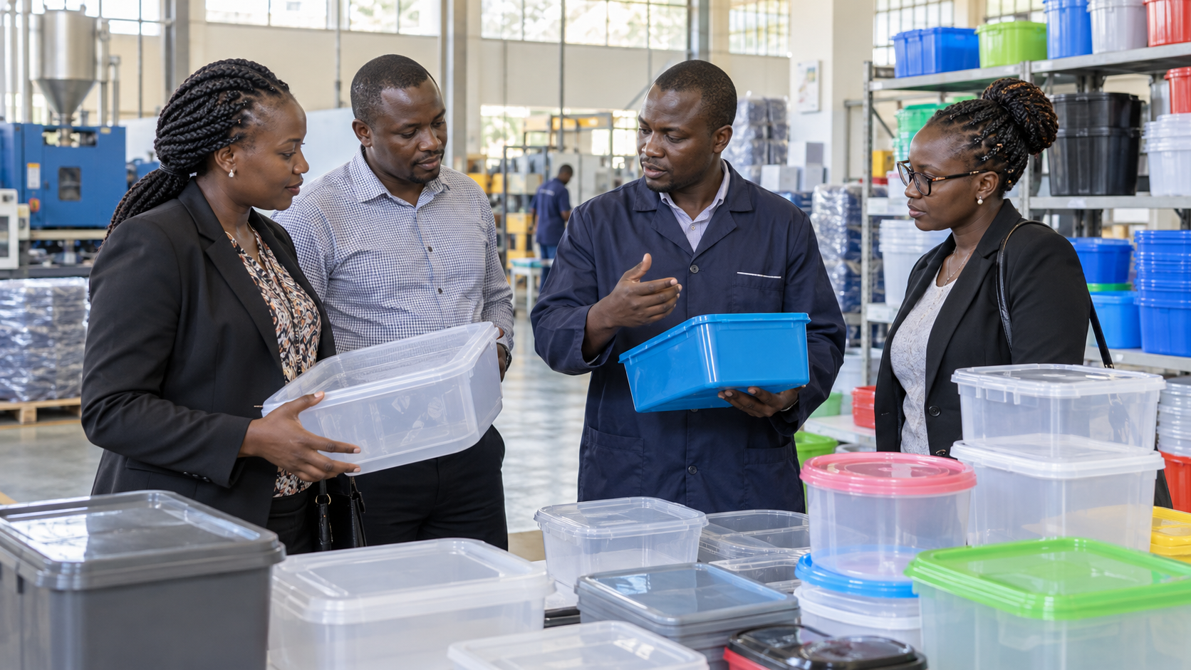 Kenyan wholesale buyers and a manufacturer discussing storage-container samples in a bright Nairobi factory showroom.