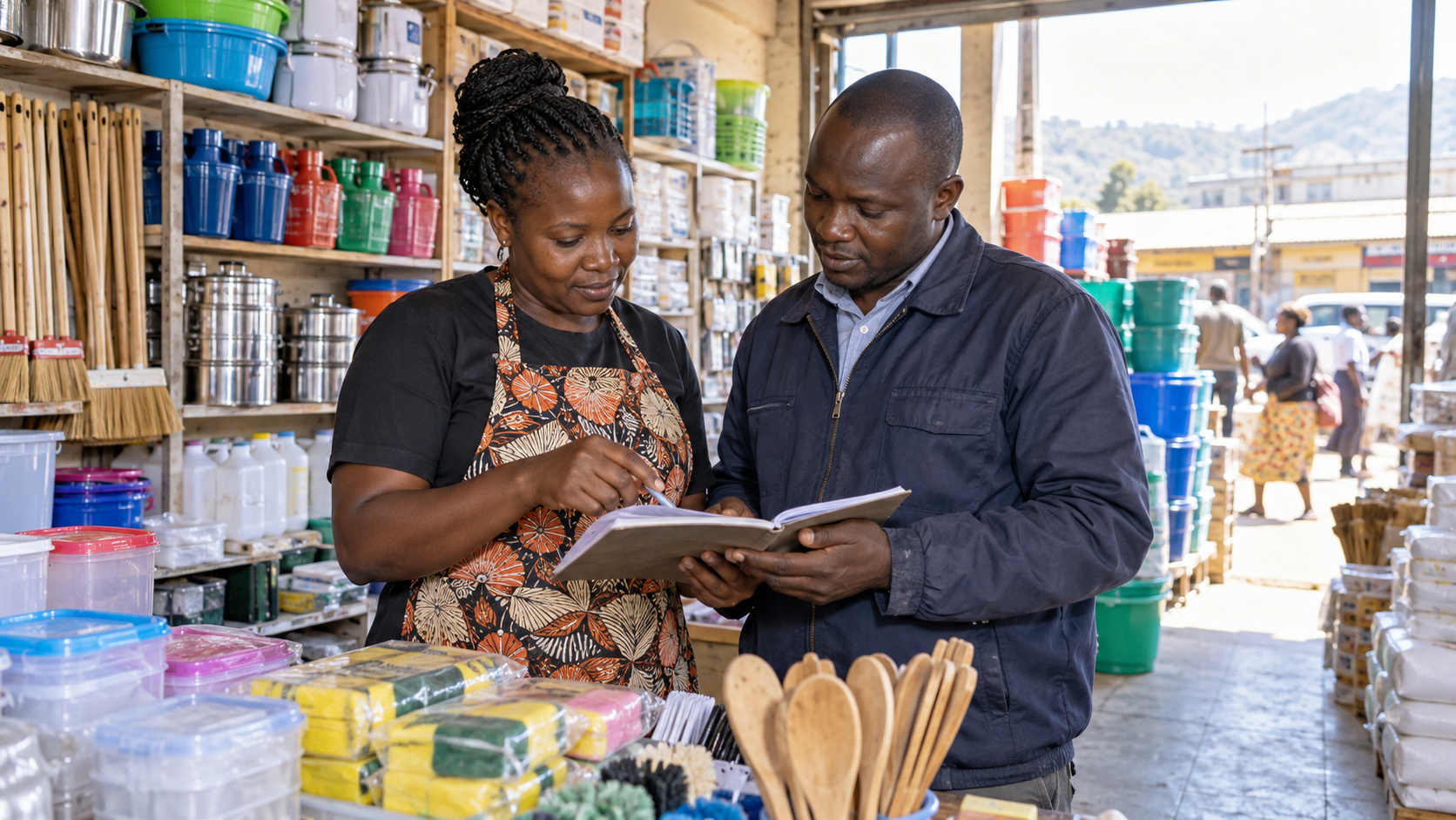 Kenyan shop owner and supplier reviewing stock records inside a bright neighbourhood shop.