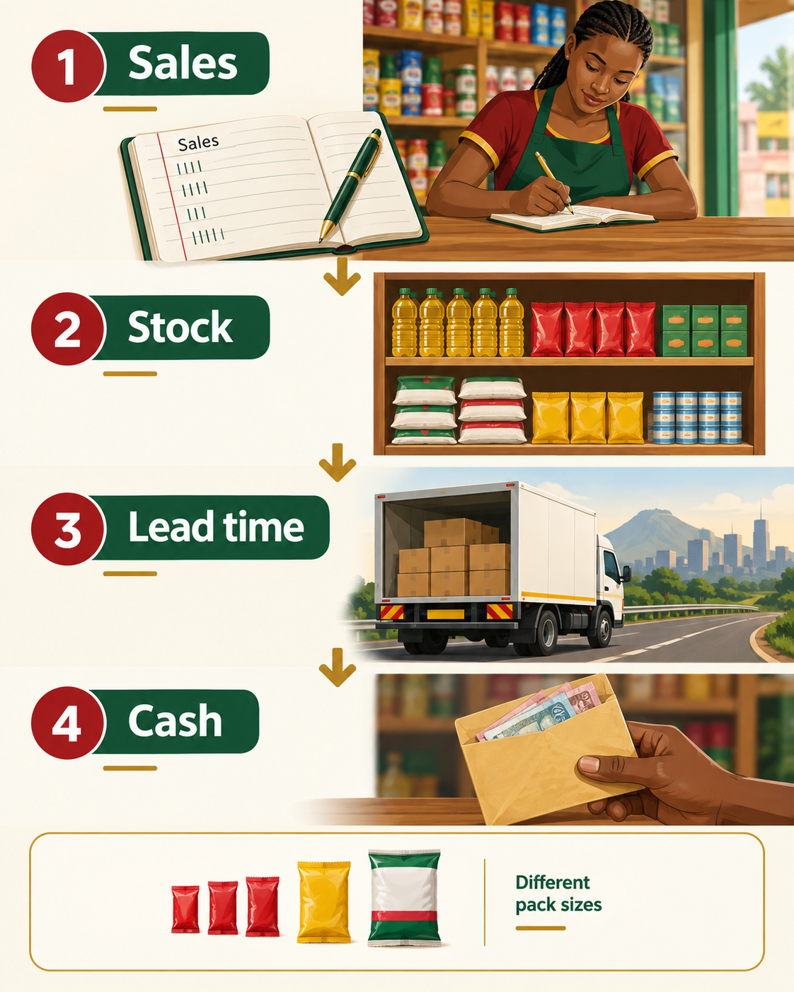 Four inputs for a wholesale buying decision: sales, available stock, supplier lead time and available cash.