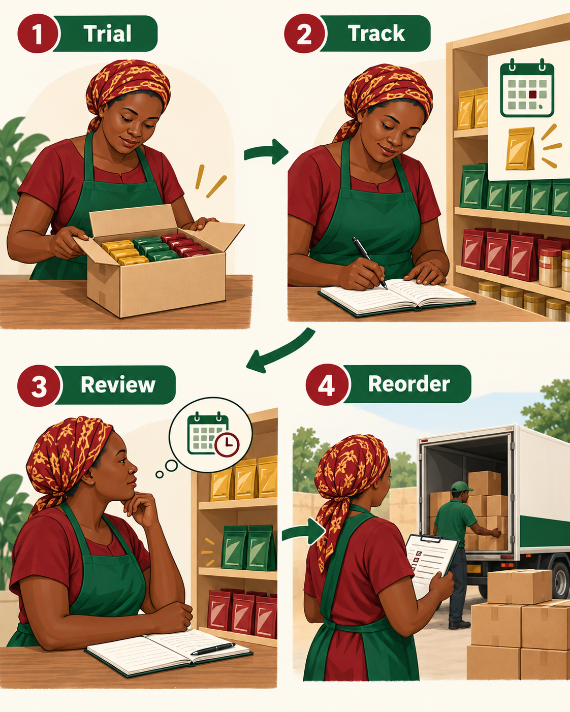 A small product trial followed by sales tracking, a stock review and an evidence-based repeat order.
