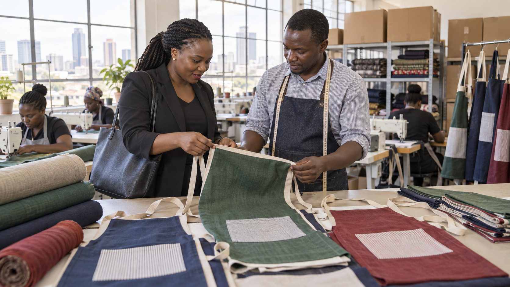 A Kenyan buyer and garment manufacturer inspect apron stitching in a bright workshop.