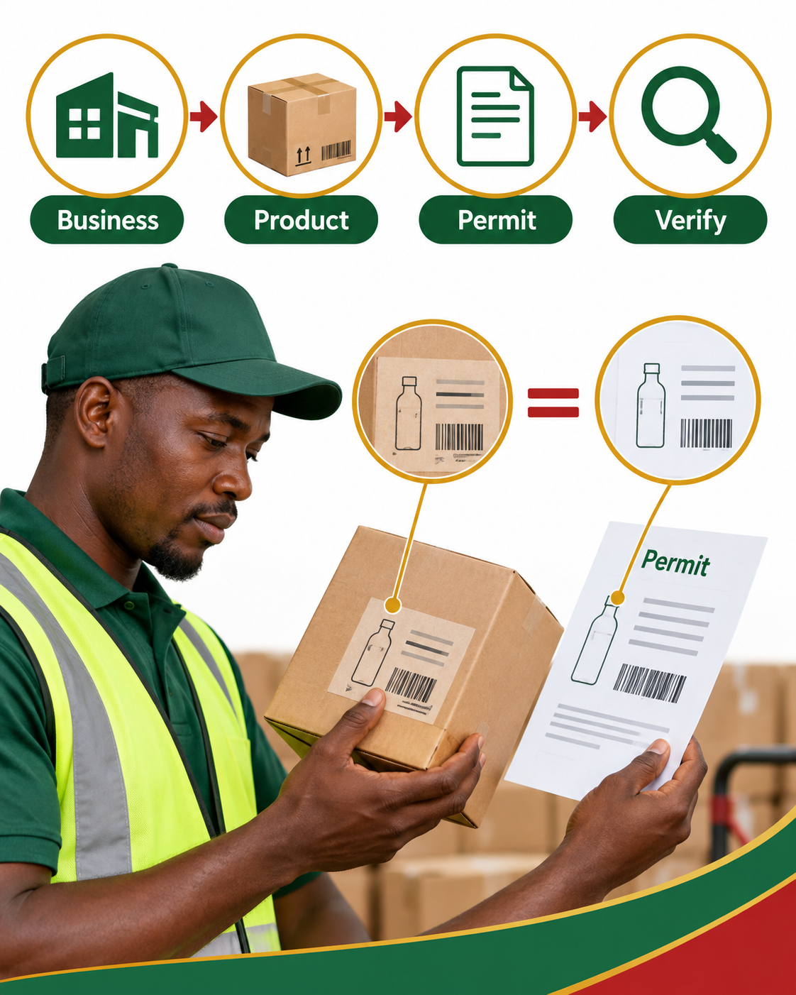 Four connected supplier checks: business identity, exact product, relevant permit and verification.