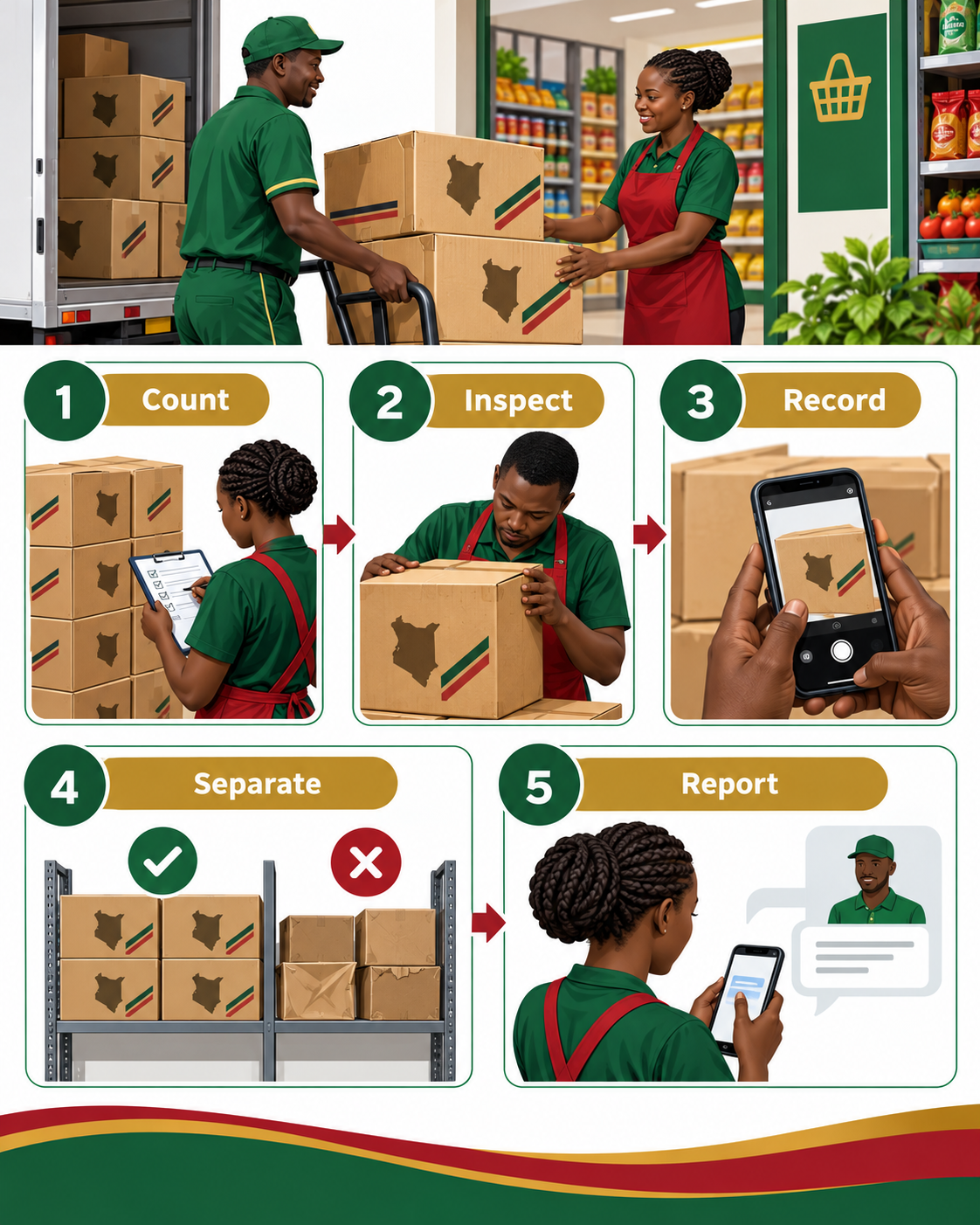 Delivery inspection sequence showing counting, inspecting, recording, separating and reporting discrepancies.