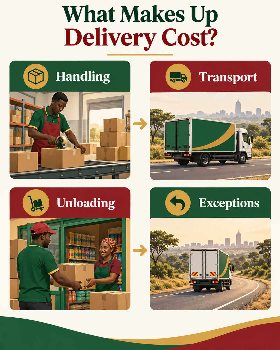 Four components of wholesale delivery cost: handling, transport, unloading and exceptions.