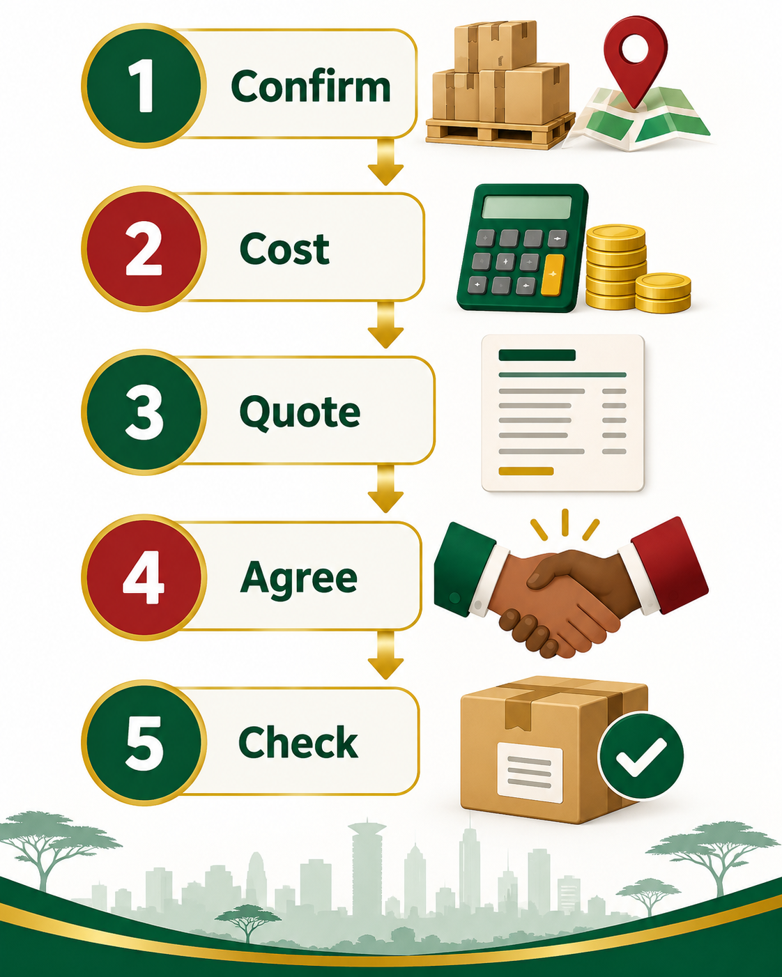 Five steps for a delivery quotation: confirm, cost, quote, agree and check.