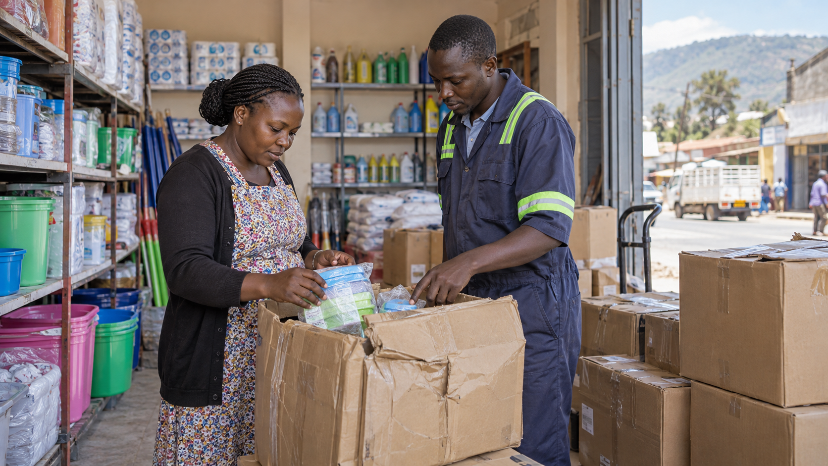 Kenyan retailer and delivery worker inspecting wholesale cartons in a bright shop receiving area.