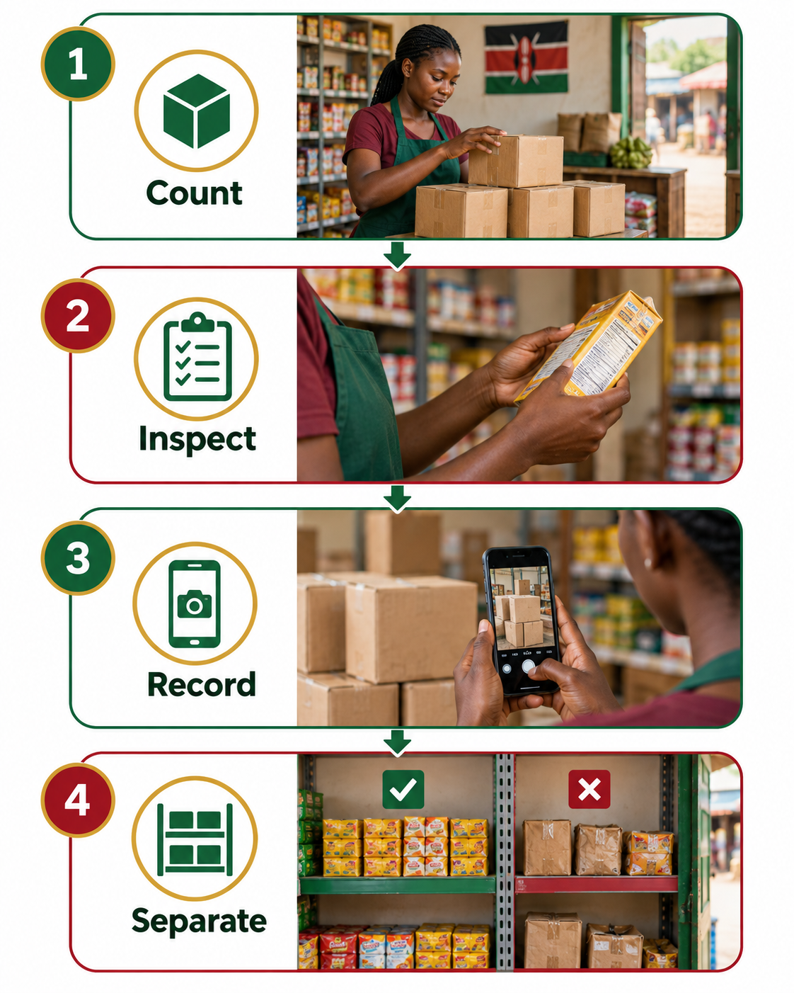 Four delivery checks: count goods, inspect condition, record problems and separate suspect stock.