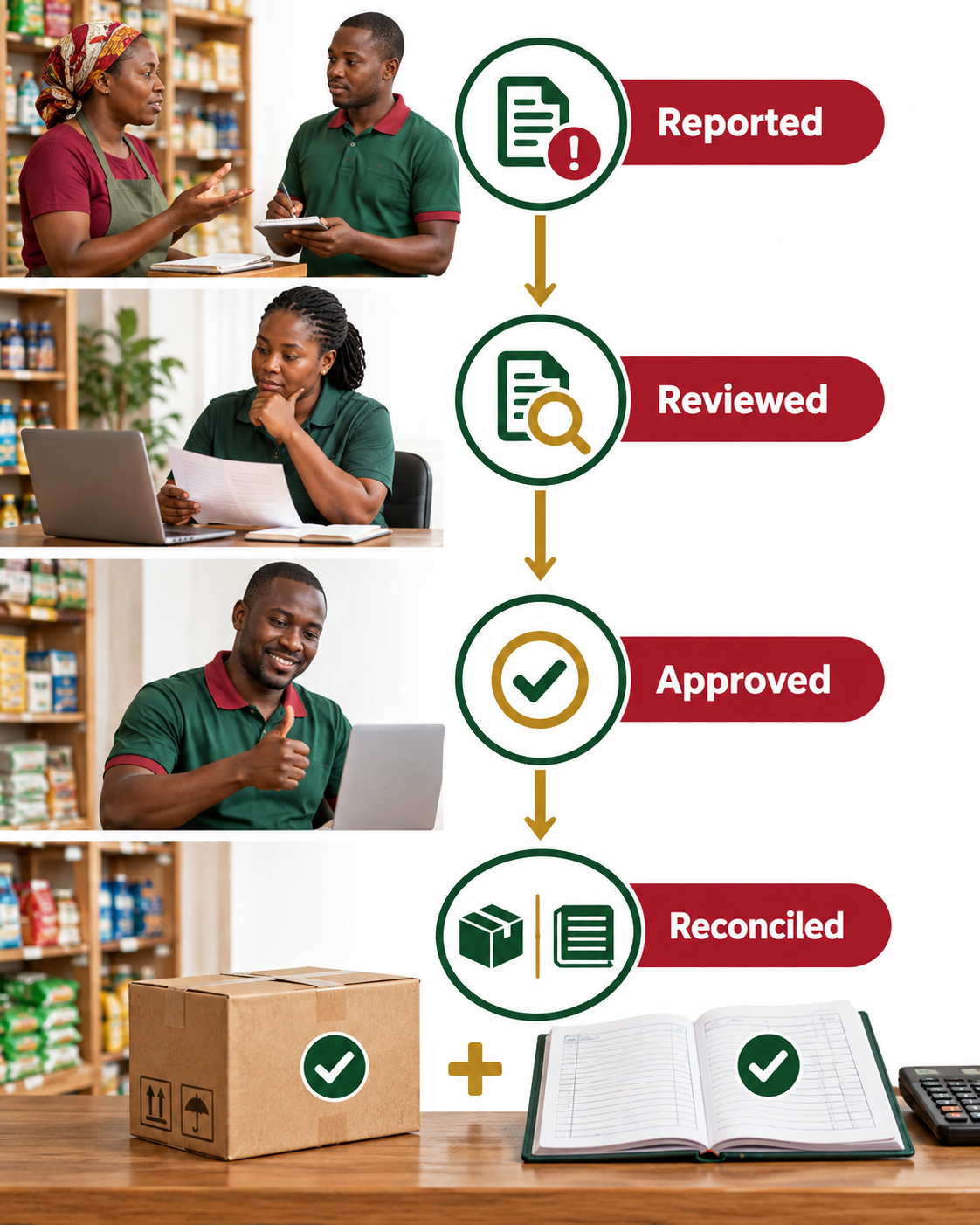 A supplier claim progresses from reported to reviewed, approved and reconciled, with stock and accounts checked.