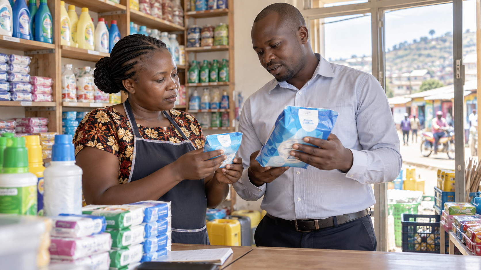 Kenyan retailer and wholesale representative comparing different product pack sizes in a bright shop.