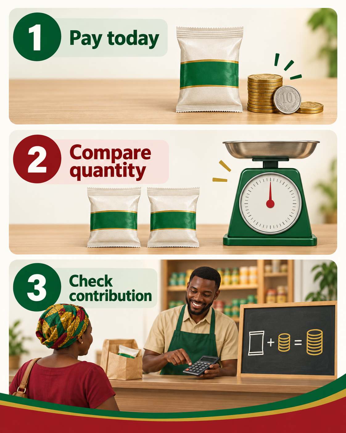 Three checks for pack selection: the amount payable today, comparable quantity and contribution to the shop.