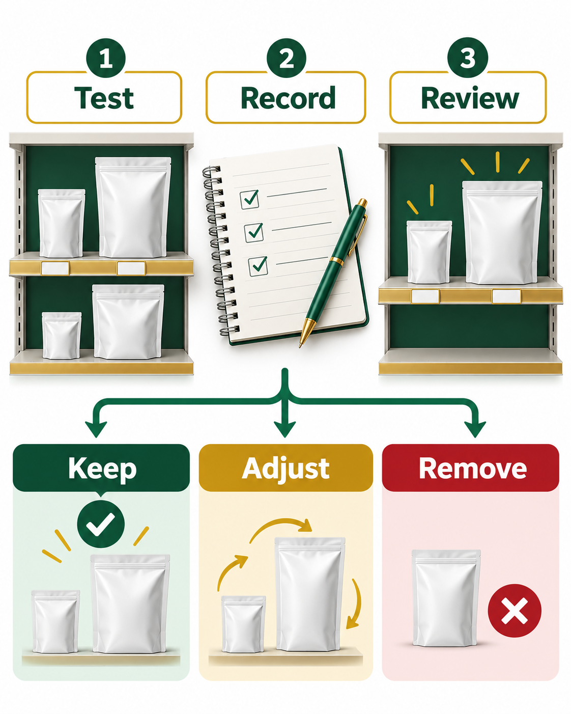 Shelf-test process moving from testing and recording to keeping, adjusting or removing a pack size.