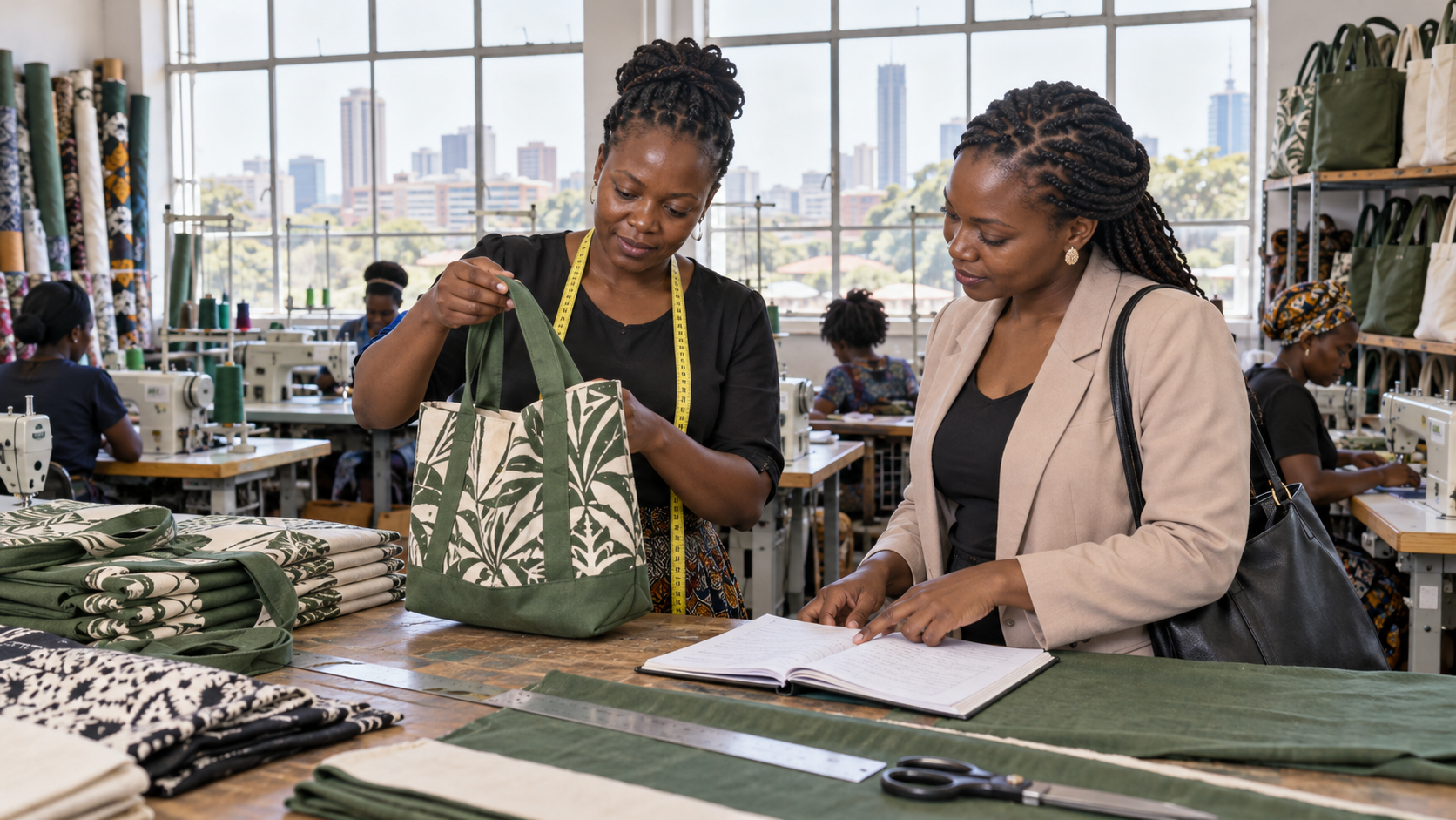 Kenyan manufacturer and wholesale buyer reviewing a fabric bag sample in a bright sewing workshop.