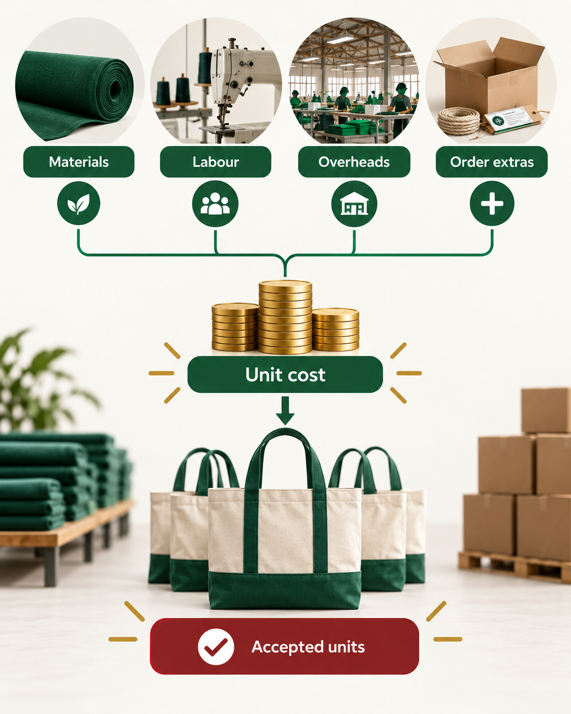 Cost stack showing materials, labour, overheads and order extras contributing to the cost of accepted finished units.