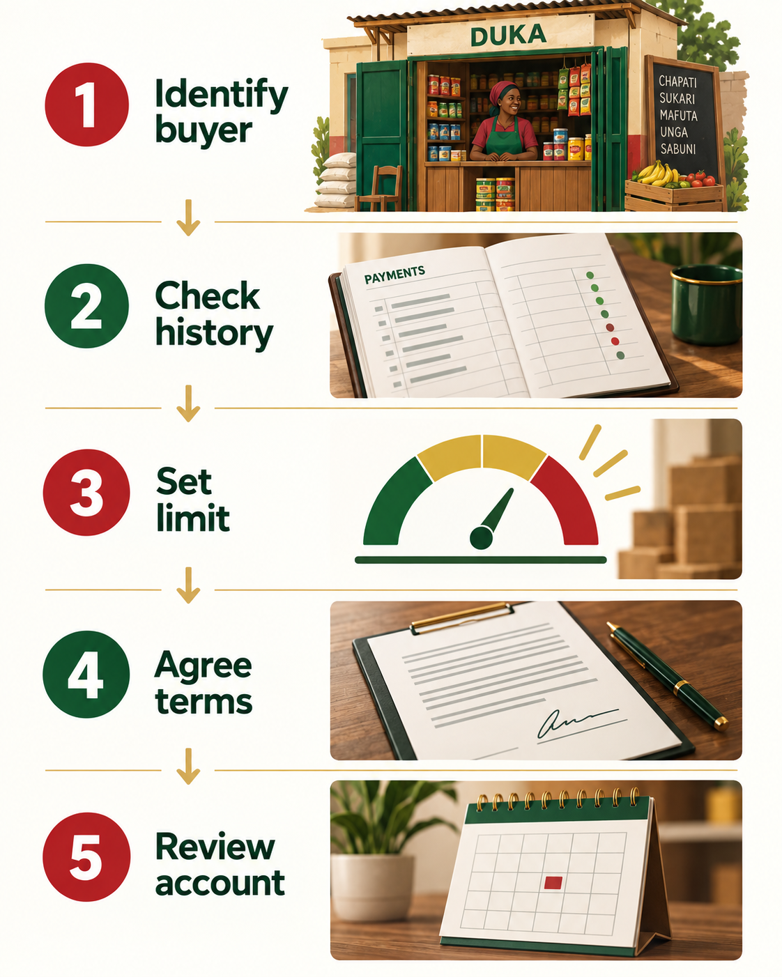 Five checks before giving a retailer credit: identity, history, limit, terms and account review.