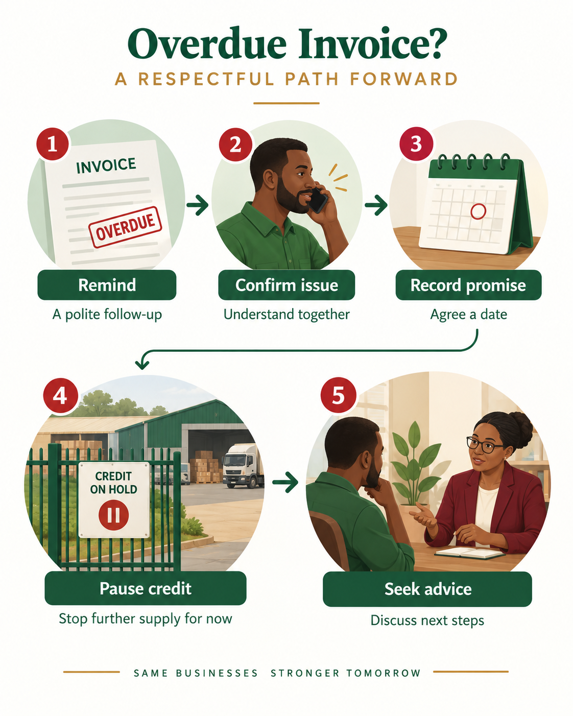 A respectful overdue payment process from reminder through credit pause and professional advice.
