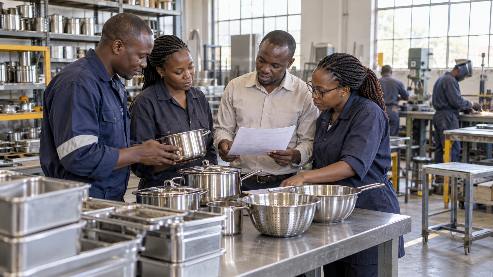 Kenyan buyers and a manufacturer reviewing kitchenware samples in a bright Nairobi fabrication workshop.