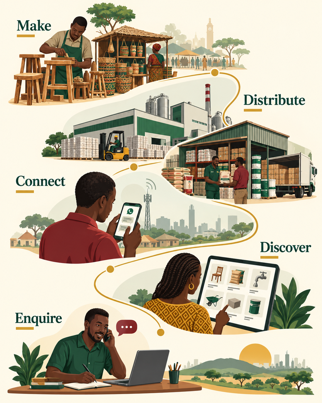 Illustrated progression from local production and distribution networks to mobile coordination and digital wholesale enquiries.