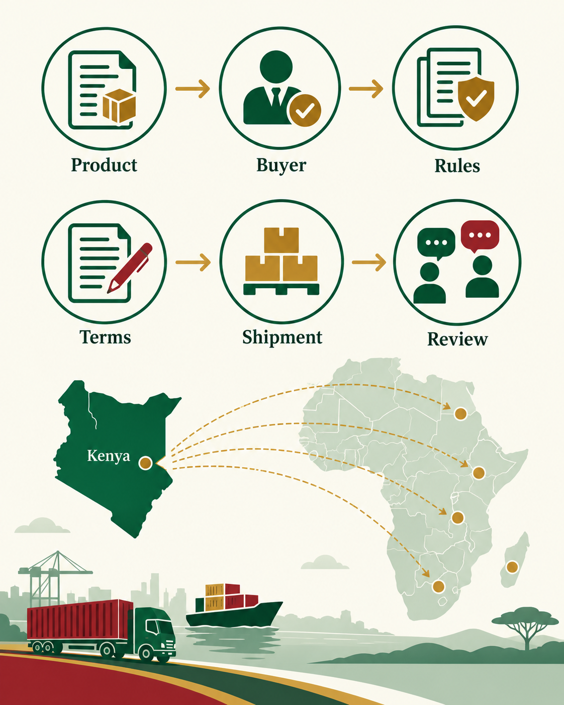 Six export readiness checks covering the product, buyer, rules, terms, shipment and review.